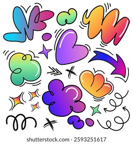 Abstract colorful doodles set with hearts, arrows, clouds, and abstract shapes with bold outlines and gradient. Playful cartoon style elements perfect for stickers, comic, digital designs.Vector 