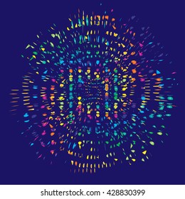 Abstract colorful dots and distorted shapes, swirl background design.