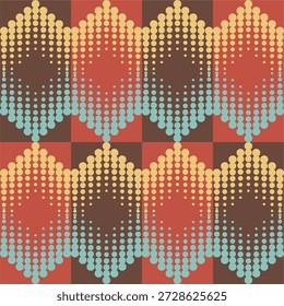Fondo de semitono de puntos de colores abstractos. Vector de punto de forma hexagonal de semitono sin costuras, patrón Abstractas geométrico de semitono para la impresión de telas y textiles, textura de jersey deportivo, papel de embalaje, telones de fondo y embalaje. eps 10