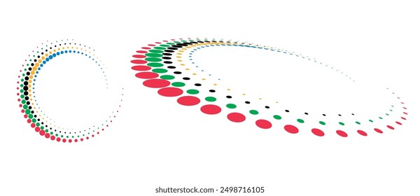 Abstrakter, bunter, gepunkteter Hintergrund. Die Farben Rot, Grün, Schwarz, Gelb und Blau sind Rasterpunkte.