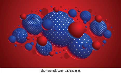 Resumen de esferas punteadas coloridas fondo vectorial, composición de bolas voladoras decoradas con puntos, globos mixtos 3D