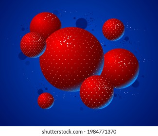 Resumen de esferas punteadas coloridas fondo vectorial, composición de bolas voladoras decoradas con puntos, globos mixtos 3D