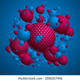 Abstract colorful dotted spheres vector background, composition of flying balls decorated with dots, 3D mixed globes