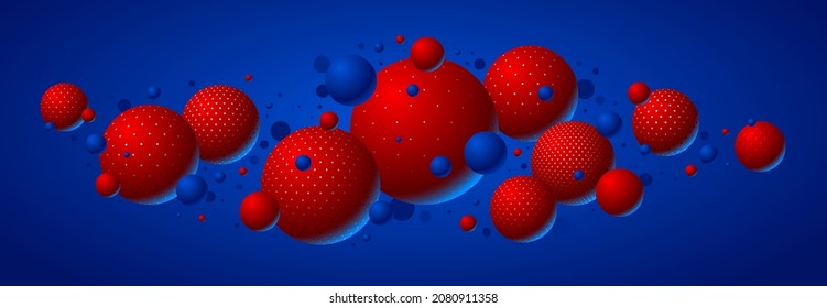 Resumen de esferas punteadas coloridas fondo vectorial, composición de bolas voladoras decoradas con puntos, globos mixtos 3D