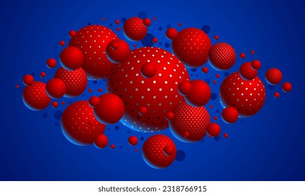 Resumen de esferas punteadas coloridas fondo vectorial, composición de bolas voladoras decoradas con puntos, globos mixtos 3D
