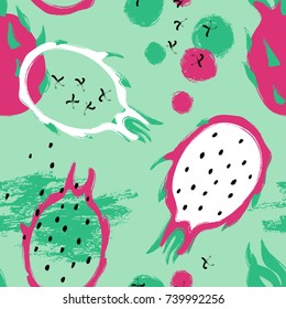 Abstract colorful dragon fruit seamless pattern. Hand drawn brush grunge exotic asian fruit background.