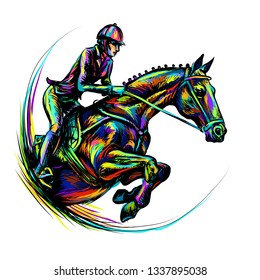 
Abstract colorful drawing depicting equestrian sport, show jumping, horse rider, jockey.