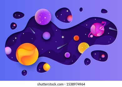 Abstract colorful dynamic space galaxy elements - planets, comets and stars in website header or banner flat cartoon vector illustration. Cosmic universe poster design.