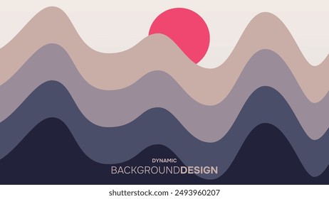 Abstract colorful dynamic waves background with red moon