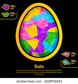 Abstract colorful Easter egg. Sale banner. Multicolored triangles on the black background. Easter card