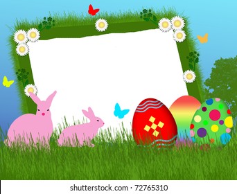 Abstract colorful easter frame with easter bunnies and colored eggs, vector illustration