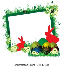 Abstract colorful easter frame with grass, flowers, ladybirds, easter bunnies and colored eggs