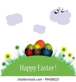 Abstract colorful Easter greeting with colored eggs on a small hill among flowers and grass. Easter greeting