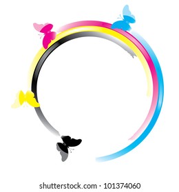 Abstract colorful elements with butterflies. Round frame