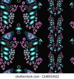 Abstract colorful elements on black background, stylized snake skin, seamless pattern for textile texture