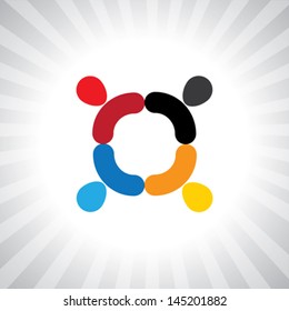 abstract colorful employees team meeting- simple vector graphic. This illustration can also represent children playing, kids having fun, employee meeting, workers unity & diversity, abstract people