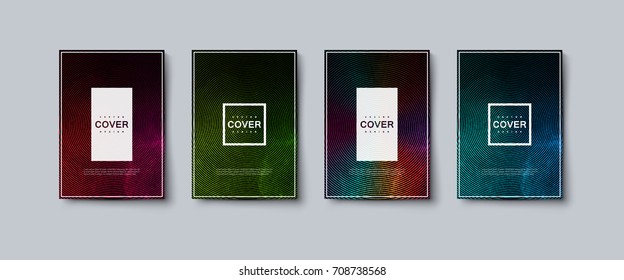 Abstract colorful engraving texture cover design. Vector creative illustration. A4 paper size posters with gradient etching concentric lines. Party flyers template. Brandbook covers mockup design