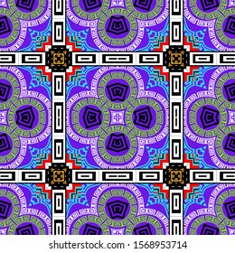 Abstract colorful ethnic style vector seamless pattern. Greek tribal checkered background. Geometric repeat backdrop. Floral greek key meanders geometrical ornaments with geometry shapes, flowers.