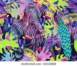 Abstract colorful exotic birds, butterflies, palm leaves on dark background, summer seamless pattern, vector illustration, design for textile texture, 