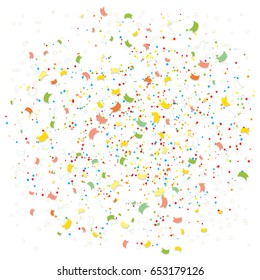 Abstract colorful explosion of confetti from flags, rhombuses and rings, isolated on white background. Abstract background with many falling tiny confetti pieces. Holiday or party background. Vector