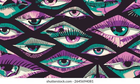 Olhos coloridos abstratos olham intensamente através do fundo escuro criando o elemento do projeto do padrão