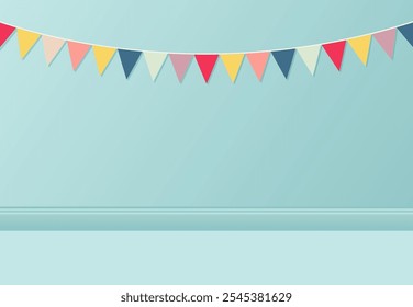 Abstract colorful fabric party flag hanging on blue wall background. Congratulatory background with place for text.