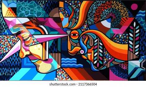 Abstract colorful face art painting. Abstract art vector design illustration. Surreal collage art design.