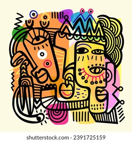 Abstract colorful face portrait, lips, eyes, bold outline hand drawn vector. Artistic modern geometric, decorative stylist art print.