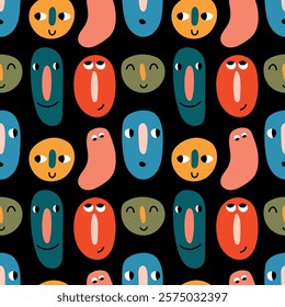 Abstract colorful faces seamless pattern. Funny characters on a black background. Vector illustration for baby clothes, background, wrapping paper, sketchbook cover, phone case