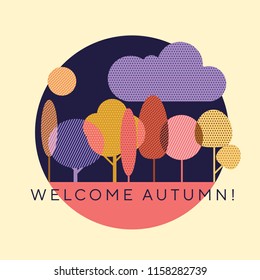 Abstract colorful fall trees and cloud design elements for header, card, invitation, poster, cover. Decorative autumn forest stock vector illustration