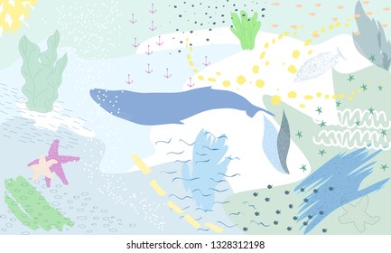 Abstract Colorful Fantasy Underwater. Illustration Semi Abstract Art. Image Of Fish In Sea. Hand Painted, Children Painting Surreal Style For Background