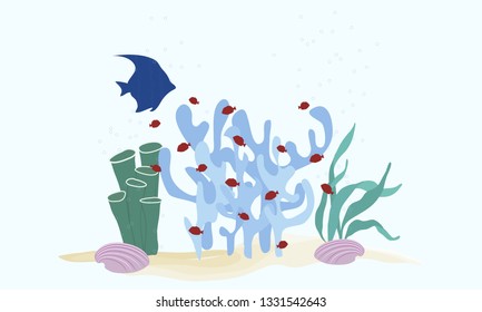 Abstract colorful fantasy underwater. Illustration Semi abstract art. Image of fish in sea. Hand painted, children painting surreal style for background