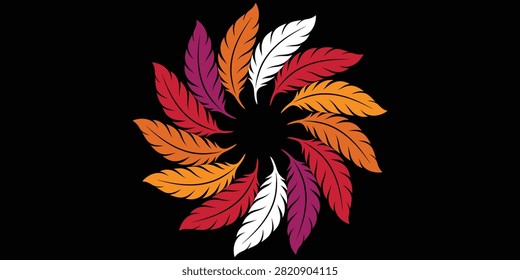 Abstract colorful feather circle wreath frame on dark black background, bohemian tribal mandala ornament vector illustration, vibrant orange purple white plume emblem, circular border design for Thanksgiving invitation, ethnic logo, autumn event poster, and carnival concept with copy space