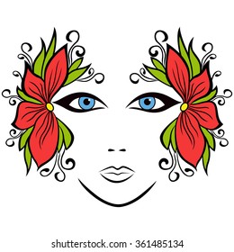Abstract colorful female face with stylized floral accessories, hand drawing vector illustration
