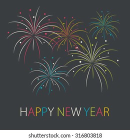 Abstract colorful fireworks in flat style. Happy New Year card. Vector illustration.