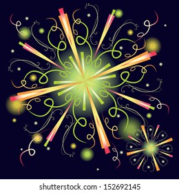 Abstract colorful fireworks with glowing elements on dark blue background