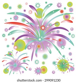 Abstract colorful fireworks on white background with round elements