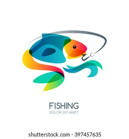 Abstract colorful fish and fishing hook. Vector fishing logo, label, emblem design elements. Trendy isolated illustration.