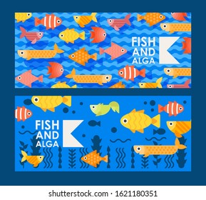 Abstract colorful fish icons in flat style, vector illustration. Banners for pet shop, aquarium store. Decorative fish in simple cartoon style, ocean underwater life. Promotion campaign flyer template