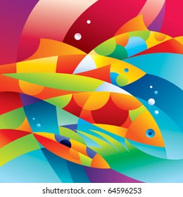 Abstract colorful fishes near the coral reef. Vector illustration.