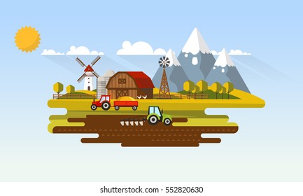 Abstract Colorful Flat Design Of Agricultural Rural Landscape, Vector Illustration.