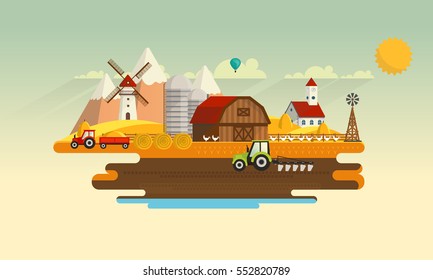 Abstract Colorful Flat Design of Agricultural Rural Landscape, Vector Illustration.