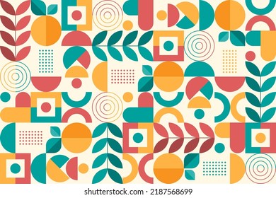 Abstract colorful flat geometric background, mosaic pattern design with the simple shape of circles, squares, dots, and lines. Mural design. Neo geometric. Vector Illustration.