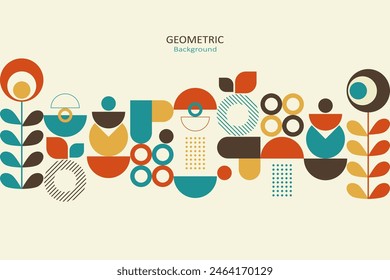 Abstractas colorido geométrico plano sobre un fondo beige, diseño de Plantilla con la forma simple de círculos, puntos y líneas. Diseño floral en estilo vintage con espacio libre para texto. Ilustración vectorial.