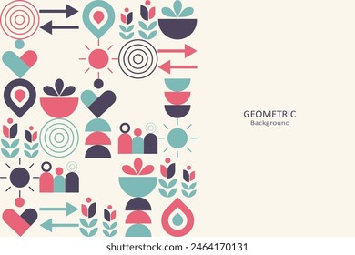 Abstrakte farbenfrohe, flache geometrische Vorlage auf beigefarbenem Hintergrund, Symboldesign mit schlichter Symbolform. Minimalistisches Design mit freiem Platz an der Seite. Familienkonzept. Vektorillustration.