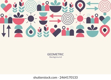 Abstract colorful flat geometric on a beige background, template design with the simple shape of symbols. Minimalist design with free space on the bottom. Family concept.Vector Illustration.