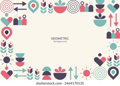 Abstract colorful flat geometric on a beige background, template design with the simple shape of symbols. Minimalist design with free space in the middle. Family concept. Vector Illustration.