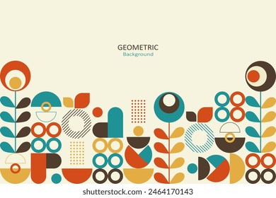 Abstract colorful flat geometric on a beige background, template design with the simple shape of circles, dots, and lines. Floral design in vintage style with free space on top. Vector Illustration.