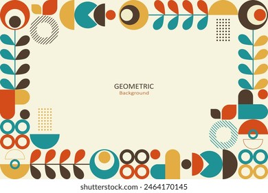 Abstract colorful flat geometric on a beige background, template design with the simple shape of circles. Floral design in vintage style with free space in the middle. Vector Illustration.