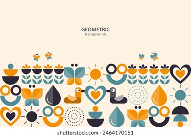 Abstract colorful flat geometric on a beige background, template design with the simple shape of circles and symbols. Minimalist design with free space on top. Animal concept. Vector Illustration.